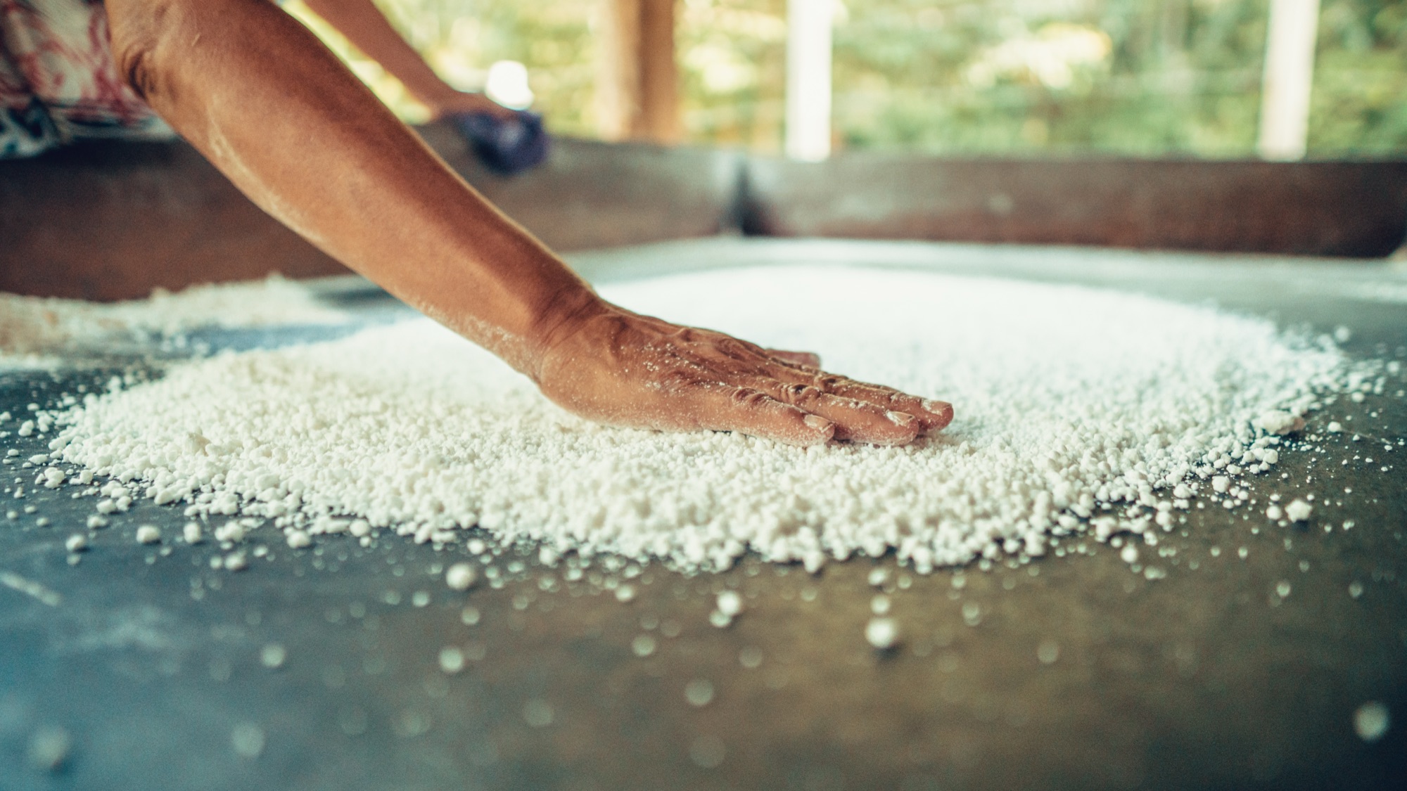 Hand spreading cassava flour over the traditional oven